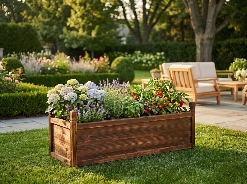Rectangular pine planter box on lawn with fresh soil