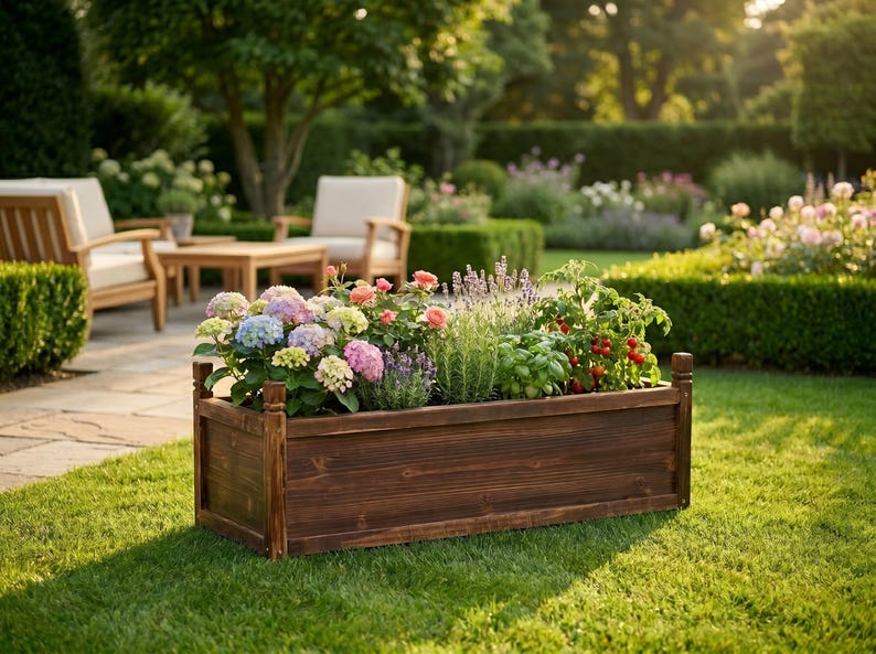 Dark brown pine planter bed used for herb gardening