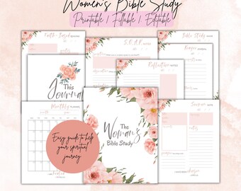 May include: A collection of printable Bible study pages with floral accents. The pages include sections for notes, prayers, and reflections. The title "Women's Bible Study" is displayed with the words "Printable, Fillable, Editable".