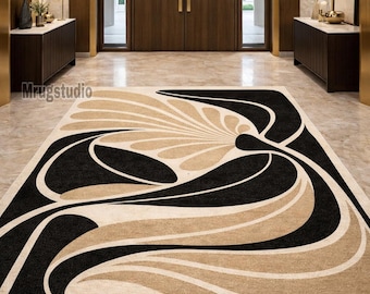 Modern Abstract Butterfly Rug – Beige Black Hand Tufted Carpet, Minimalist Area Rug,Contemporary Living Room Decor, Luxury Neutral Floor Art