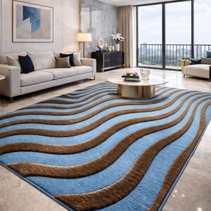 Blue Brown Wave Hand Tufted Rug, Modern Luxury Area Rug, Abstract Wavy Carpet, Living Room Statement Rug, Plush Handmade Floor Rug