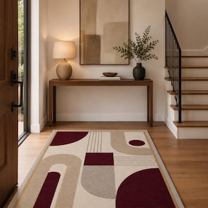 Handmade Tufted Abstract Rug, Modern Geometric Area Rug, Burgundy Beige Wool Carpet, Luxury Living Room Rug, Custom Size Rug