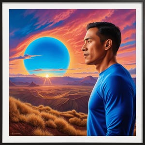 May include: A framed art print featuring a man in a blue long-sleeve shirt, set against a vibrant sunset with a large blue orb. The landscape includes mountains and dry grass.