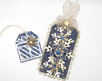 SnowFlake and Present Tag Set, Christmas Tag Set, Gold Snowflake Tag