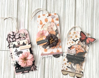 3 Embellished Tags, Paper Tag Embellishments, Floral Tags, Halloween Tags