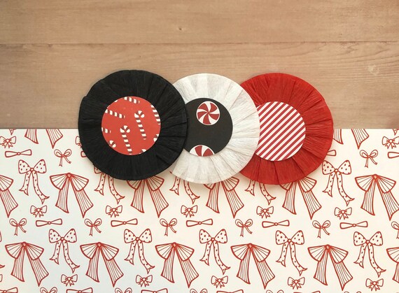 Red, White, and Black Crepe Paper 2.5 inch Circle Rosette | Candy Cane Themed Circle Rosettes | Crepe Paper Rosettes Il_570xn