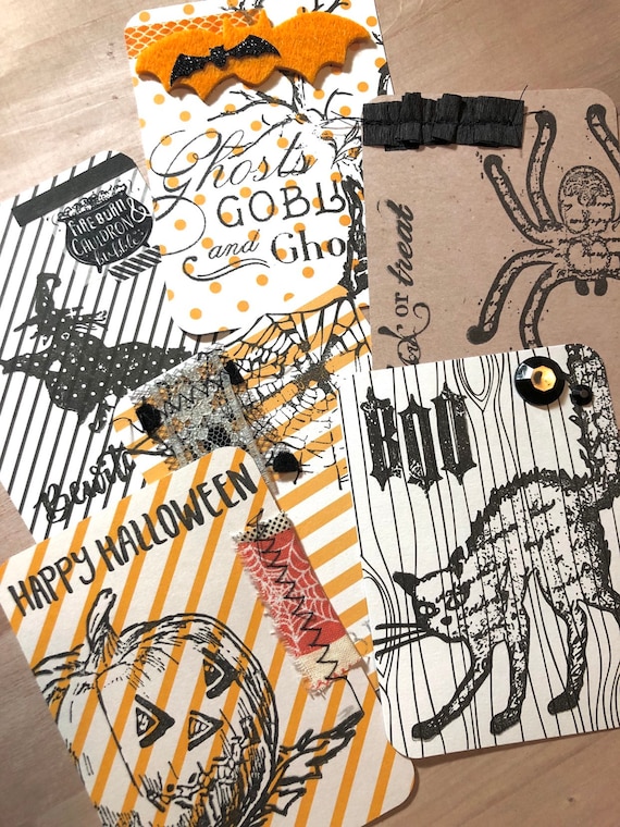 6 Halloween Project Life Embellished Pocket Cards, Journaling Cards, Junk Journal Cards, Stamped Cards, Halloween Cards Il_570xn