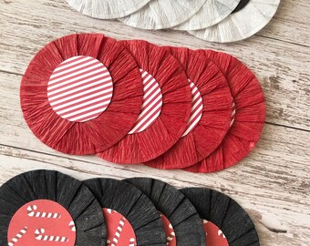 Red, White and Black Crepe Paper 2.5 inch Circle Rosette | Peppermint Themed Circle Rosettes | Crepe Paper Rosettes