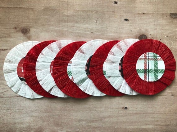 Red and White Crepe Paper 2.5 inch Circle Rosette | Christmas Themed Circle Rosettes | Crepe Paper Rosettes Il_570xn