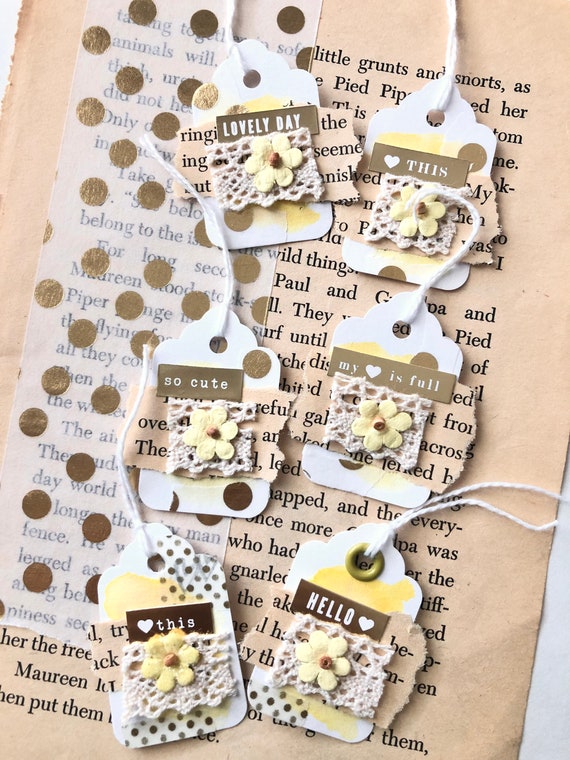 6 Mini Embellished Tags, Paper Tag Embellishments, Book Page Tags, Mini Tags Il_570xn