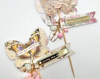 2 Embellished Butterflies , Paper Butterfly Embellishments, Charm Dangles