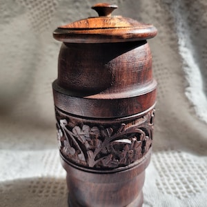 Vintage Hand-Carved Wooden Jar - Treen Jar– Floral Carving, Dark Wood