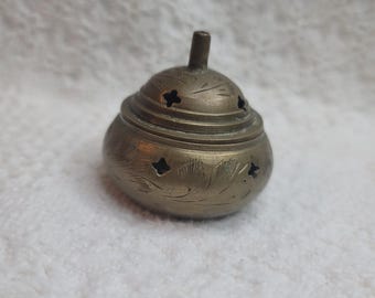 Vintage Engraved Brass Incense Burner | Small Pierced Metal Potpourri Holder | Boho Home Decor | Rustic Collectible Trinket Box