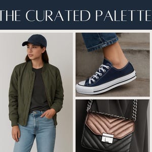 May include: A fashion and beauty collage with a green bomber jacket, blue jeans, navy trainers, a quilted handbag, and metallic nail polish. Text reads "THE CURATED PALETTE" and "TOMBOY GLAM".