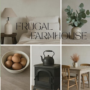 Op de afbeelding: Een collage met de tekst "The Curated Palette" en "Deliberate Color Stories". Het toont een lamp, bed, eucalyptus, eieren, een waterkoker, een tafel, een haak, linnen en een houten gereedschap, allemaal in een neutraal kleurenschema.