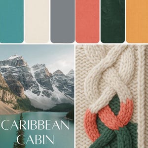 May include: A curated color palette with the text "THE CURATED PALETTE" and "DELIBERATE COLOR STORIES". The image includes color swatches, a mountain landscape, a knitted design, a flower lei, and a green door.