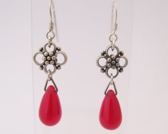 Sterling silver Czech glass red drop chandelier earrings