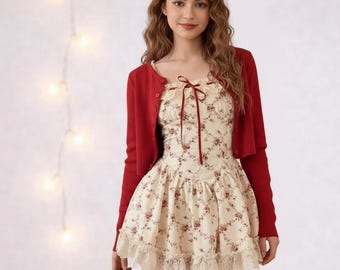 Y2K Floral Lace Mini Dress Set: Red Cardigan, Prairie Chic Outfit Goth Emo Alt