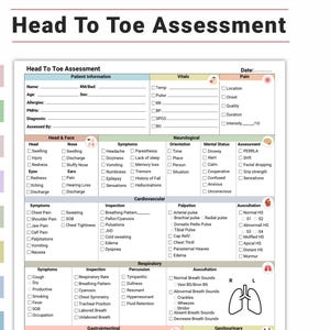 Lista de verificación de evaluación de pies a cabeza, guía rápida de evaluación para estudiantes de enfermería, descarga digital imprimible y editable.