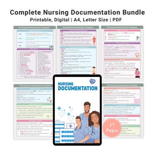 May include: A Complete Nursing Documentation Bundle with printable and digital templates. The image shows a tablet with the words "Nursing Documentation" and illustrations of medical professionals. The bundle includes 17 pages of templates.
