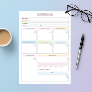 May include: A white pharmacology study sheet with the title "PHARMACOLOGY" at the top. The sheet includes sections for drug information, dosage, and patient education. A black pen, black glasses, and a cup of coffee are on the table.