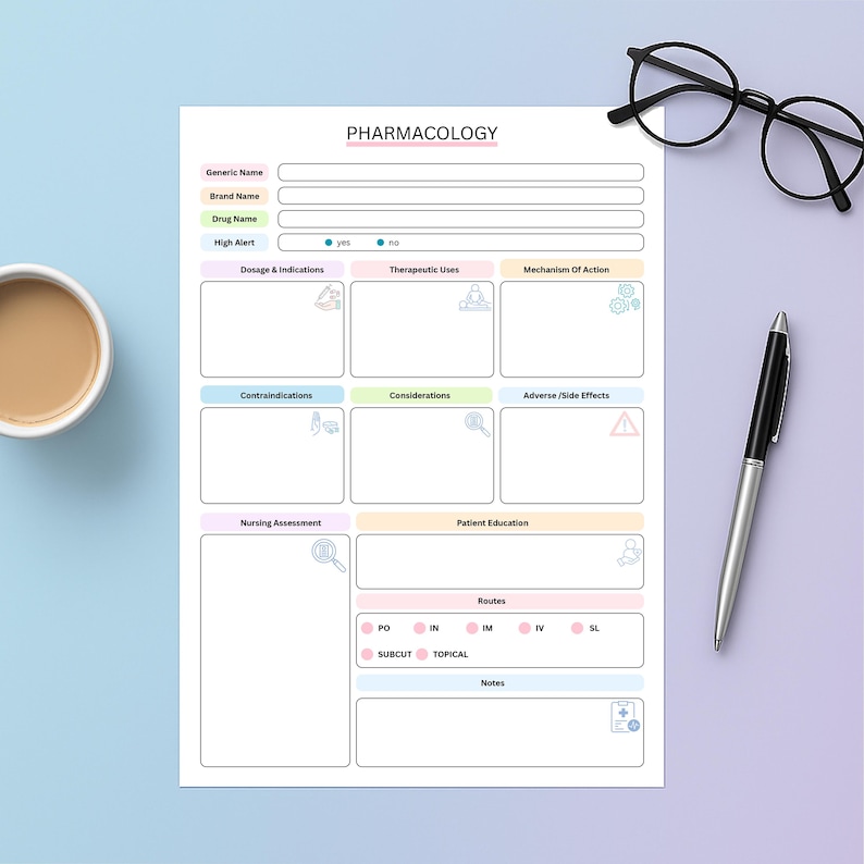 May include: A white pharmacology study sheet with the title "PHARMACOLOGY" at the top. The sheet includes sections for drug information, dosage, and patient education. A black pen, black glasses, and a cup of coffee are on the table.