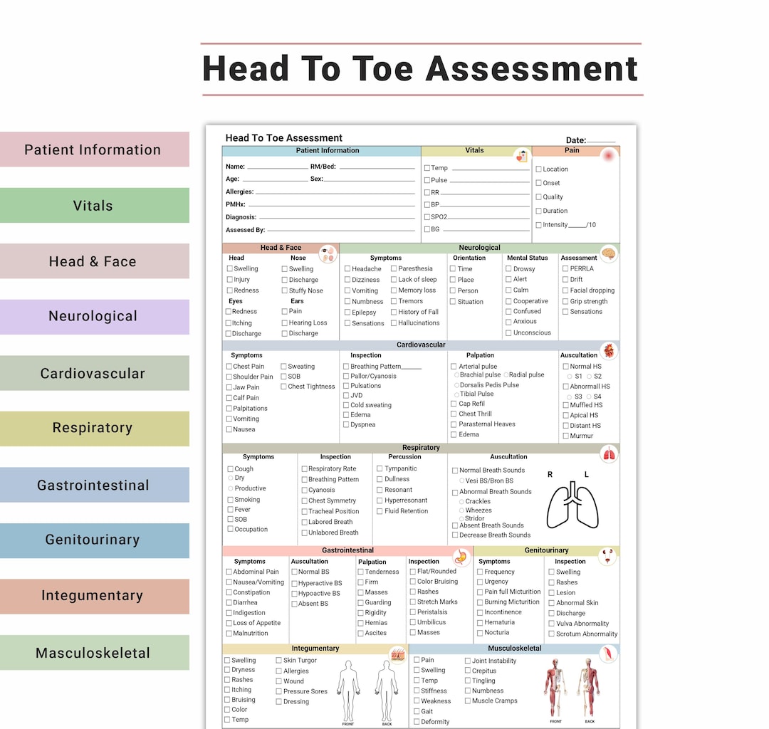 Head to Toe Assessment Checklist, Nursing Student Assessment Cheat ...