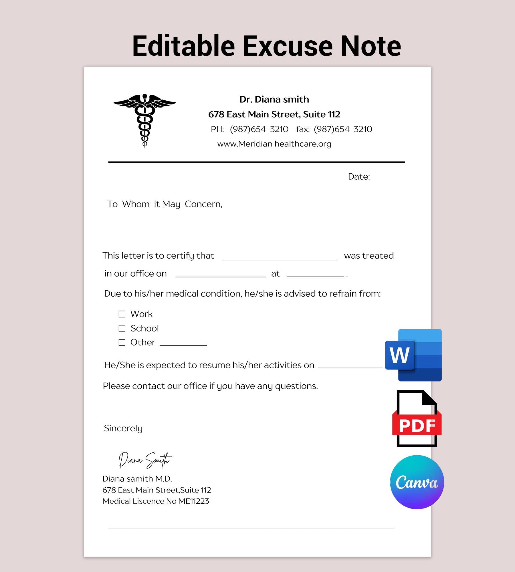 Editable Doctor Excuse Note Template (canva, Word, PDF) – Medical ...