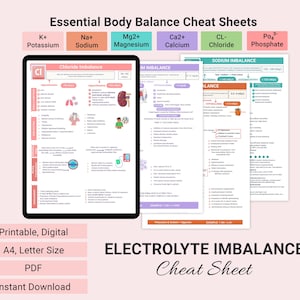 May include: A digital electrolyte imbalance cheat sheet with the title "Essential Body Balance Cheat Sheets." The image includes information on potassium, sodium, magnesium, calcium, chloride, and phosphate imbalances. The text also includes "Printable, Digital, A4, Letter Size, PDF, Instant Download."