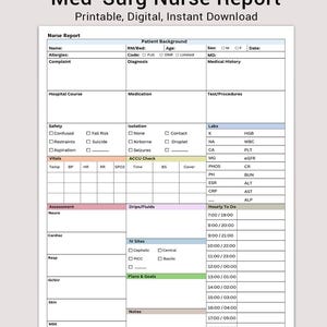 May include: A printable Med-Surg Nurse Report template with sections for patient information, vitals, assessments, and hourly tasks. The document includes fields for allergies, medications, and notes, designed for digital or instant download.