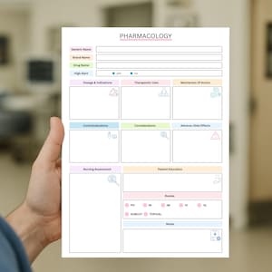 May include: A white pharmacology study sheet with the title "PHARMACOLOGY" at the top. The sheet has sections for generic and brand names, drug names, and high alert information. It includes spaces for dosage, therapeutic uses, and adverse effects.