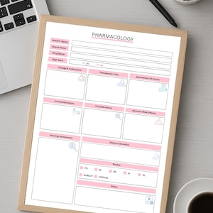 May include: A framed pharmacology study sheet with pink and gray accents. The sheet includes sections for generic and brand names, dosage, therapeutic uses, and adverse effects. A cup of coffee, a pen, and a succulent plant are also visible.