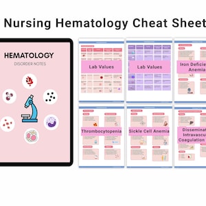 Könnte beinhalten: Ein digitales Spickzettel für die Krankenpflege-Hämatologie, mit einem Tablet, das "Hämatologie-Störungsnotizen" anzeigt, und mehreren gedruckten Seiten. Die Seiten behandeln Themen wie Laborwerte und Eisenmangelanämie.