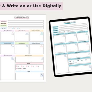 May include: A white pharmacology study sheet and a tablet displaying the same template. The sheet and tablet have a grid layout with sections for drug information, dosage, and nursing assessment. The text "Print & Write on or Use Digitally" is at the top.