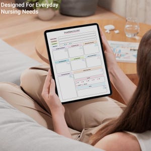 May include: A black tablet displaying a "Pharmacology" template with various fields for medical information. The tablet is held by a person. The text "Designed For Everyday Nursing Needs" is at the top.