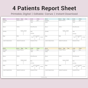 May include: A printable patient report sheet titled "4 Patients Report Sheet." The sheet is divided into four sections with fields for patient information, including allergies, vitals, and medical history. The sheet is designed for digital use.