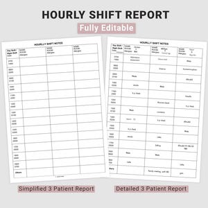 May include: Two printable hourly shift report templates. The top of the image reads "HOURLY SHIFT REPORT" and "Fully Editable". One template is simplified, and the other is detailed, both with spaces for patient information.