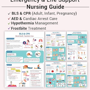 May include: A nursing guide titled "Emergency & Life Support" with sections on BLS & CPR, AED & Cardiac Arrest Care, Hypothermia Management, and Frostbite Treatment. The guide includes diagrams and instructions for medical procedures. The text "PDF - Instant Download - NECLEX Focused" is at the bottom.