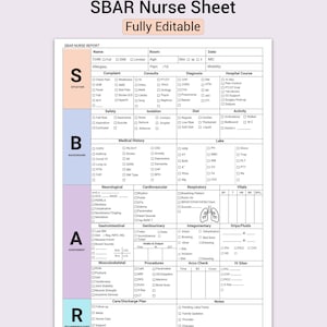 以下が含まれることがあります： 白地の背景に黒い文字で印刷可能なSBAR看護師シート。シートは、状況、背景、評価、推奨事項のセクションに分かれています。「完全に編集可能」というテキストが上部にあります。