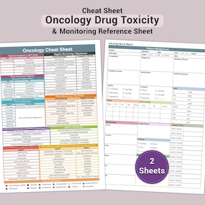 May include: Two-page oncology cheat sheet with detailed information on drug toxicity and monitoring. The first page is a detailed chart with drug names and monitoring guidelines. The second page is a nurse report form. The text "2 Sheets" is in a purple circle.