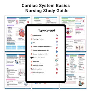 May include: A digital nursing study guide titled "Cardiac System Basics" with the text "Nursing Study Guide" at the top. The guide covers topics like cardiac overview, ECG, and heart failure. The guide is displayed on a tablet surrounded by printed pages.