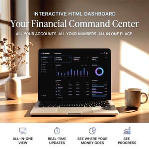 Può includere: Un computer portatile che mostra una dashboard HTML interattiva chiamata Plannish con dati finanziari, grafici ed elenchi di transazioni. Il testo recita: INTERACTIVE HTML DASHBOARD, Your Financial Command Center, ALL YOUR ACCOUNTS.