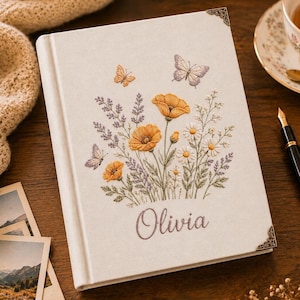 Custom Wildflowers and Butterflies Name Embroidered Notebook, Floral Memory Book, Gift for Her