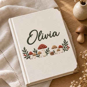 Personalized Mushroom Notebook with Name, Embroidered Woodland Forest Journal, Custom Nature Lover Gift
