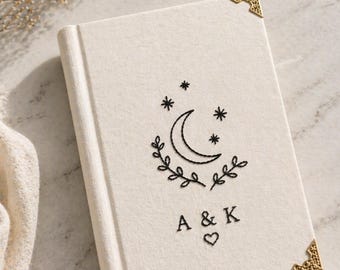 Cuaderno personalizado bordado con luna y estrellas celestiales, estilo aniversario de bodas.
