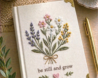 Cuaderno personalizado bordado con la frase "Be Still And Grow" (Quédate quieta y crece) con motivos florales, regalo para ella.