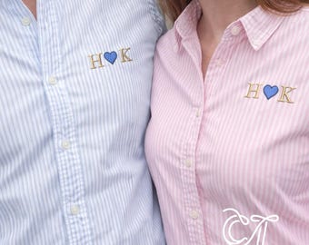 Camisa Oxford de manga larga con monograma y rayas bordadas, personalizada, regalo sorpresa para San Valentín.