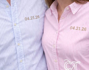 Camisa de manga larga personalizada con bordado para fecha especial, estilo boda/compromiso.