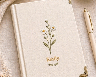 Cuaderno personalizado bordado con flores de margarita, regalo de cumpleaños para ella.
