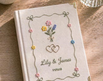Cuaderno con nombres personalizados bordados para votos matrimoniales, regalo romántico de compromiso.